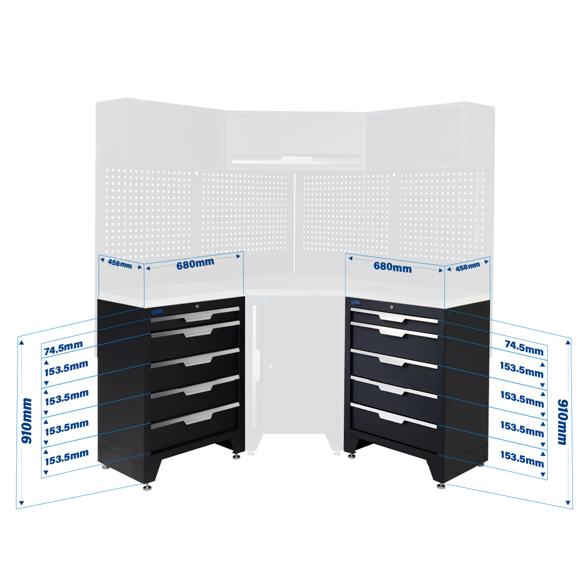 SGS 10pc Corner Garage Storage System | 10 Drawers | Stainless Steel Worktop | Corner Floor Cabinet | 1x Lift-up & 2 Roller Door Wall Cabinets